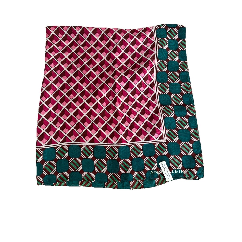 VTG Anne Klein Silk Scarf 32" Square Vibrant 3D Geometric Green Burgundy Pink